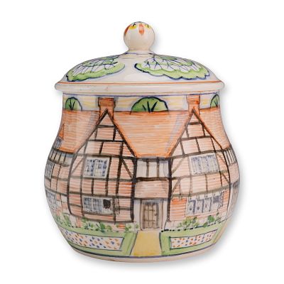 Wedgwood Hand Painted Earthenware Lidded Jar with Half Timbered Cottage Scene. A small lidded 
