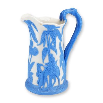 Samuel Alcock and Co. Blue and White Parian Jug with Camel Motif. A small parian-style stoneware 