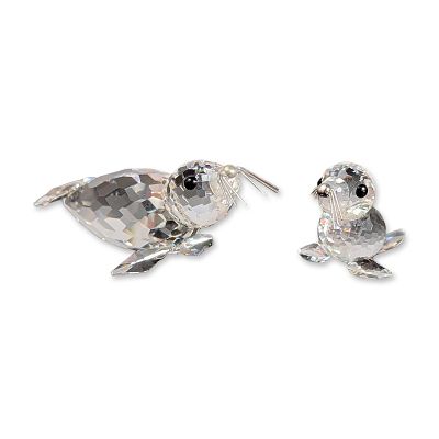 2pc Swarovski Silver Crystal Figurines, Seal and Baby Seal. Each figure is detailed with black 