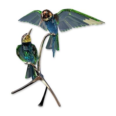 Swarovski Crystal Paradise Birds Sculpture, Bee-Eaters Peridot 957128. The sculpture depicts a 