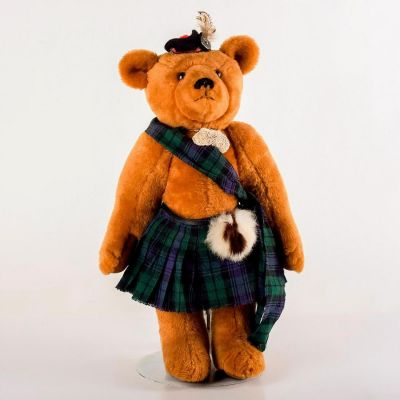 Vintage Hamish Teddy Bear, Scottish Bear. Wears matching plaid kilt and scarf. Has a windup 