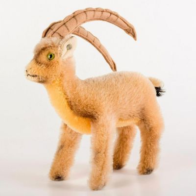 Vintage Steiff Stuffed Animal, Rocky Mountain Goat. Brown and black coloration, green eyes, two 