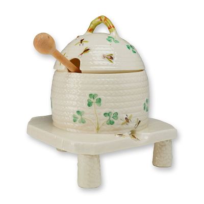 Belleek Parian Porcelain Shamrock Pattern Beehive Honey Pot with Attached Base and Dipper. A set 