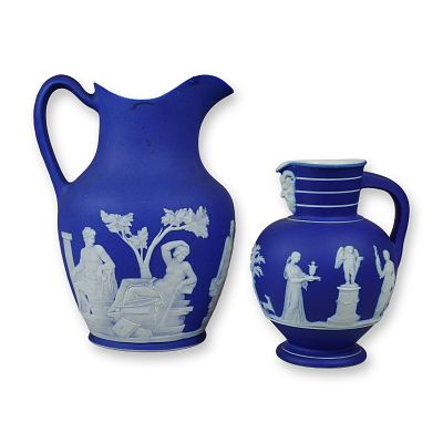 2pc Wedgwood Cobalt Blue Jasperware Dip Pitchers with Classical Relief Decoration. A set of two 