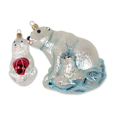 Two Christopher Radko Glass Polar Bear Ornaments. Two hand-blown glass Christmas ornaments 