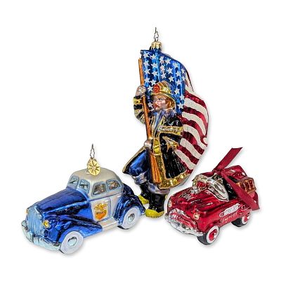 3pc Christopher Radko First Responder Glass Ornaments. Christopher Radko. Three Christmas tree 