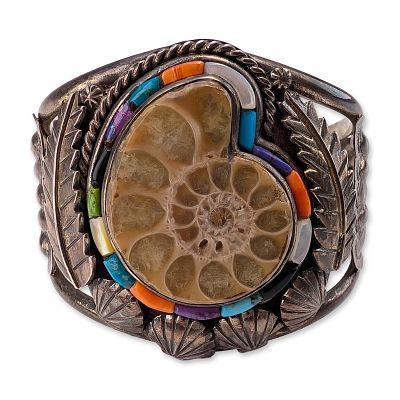 Freddy Maloney Navajo Sterling Silver Ammonite Cuff Bracelet. Freddy Maloney (Navajo) 