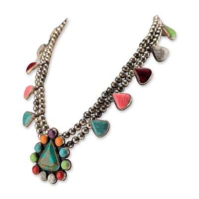 Southwestern Multi-Stone Silver Toned Statement Necklace. Navajo style double-strand beaded 