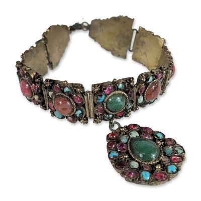 Himalayan Style Multi-Stone Gilt Metal Bracelet. Himalayan or Central Asian style multi-link 