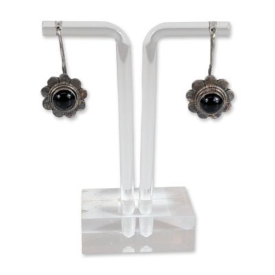 Pair of Sterling Silver Onyx Flower Earrings. Pair of sterling silver earrings in a stylized 