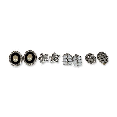 Group of Four Pairs Vintage Costume Earrings. Collection of vintage silver-tone costume clip-on 