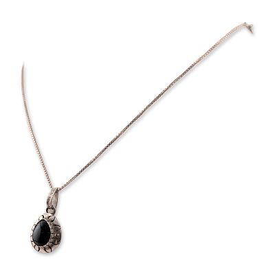 Mexican Sterling Silver Black Onyx Pendant Necklace. Mexican artisan style pendant necklace in 