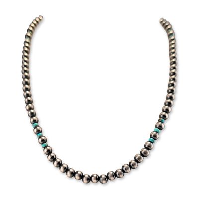 Navajo Style Sterling Silver and Turquoise Beaded Necklace. Southwestern style beaded necklace 