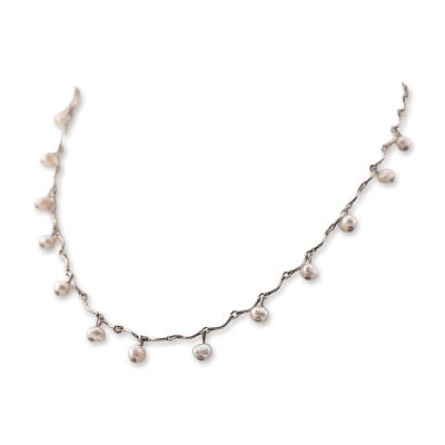 Sterling Silver Baroque Pearl Station Necklace. Vintage station necklace featuring small 