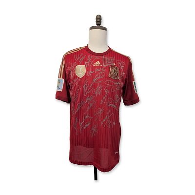 Team Signed Spain 2014 World Cup Soccer Jersey. Spain, 2014. Adidas Climacool home jersey in red 
