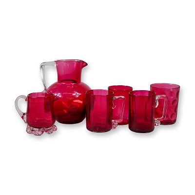 6pc Handblown Cranberry Glass Beverage Set. Six piece handblown cranberry glass beverage 