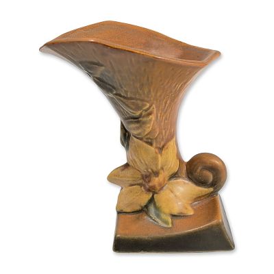 Roseville Pottery Horn Shaped Vase, Clematis. The earthenware vessel features a flared scalloped 