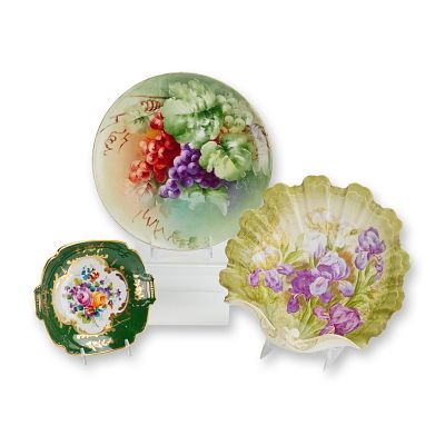 3pc Hand Painted Porcelain Grouping Including Limoges. Three-piece hand-painted porcelain 