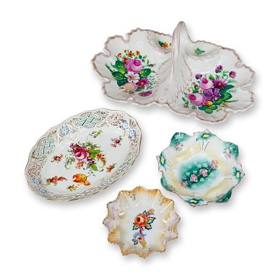 4pc German Porcelain Floral Dishes. Group of four German porcelain decorative tablewares 