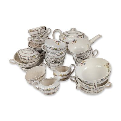 34pc Copeland Spode Mixed Earthenware Tea Service, Cowslip. The set features vibrant polychrome 
