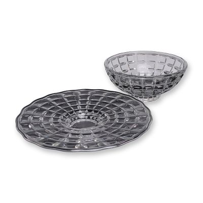 A Set of Two Crystal Glass Cut Block Pattern Serving Bowl & Plate. This set of two heavy 