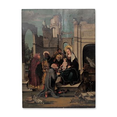 Catalan School 16th Century Oil old Master Painting on Wood Board The Adoration of the Magi. Duri 