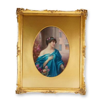 Framed Leslie Johnson Hand-Painted Plaque, Portrait of a Young Lady in Blue. This hand-painted 