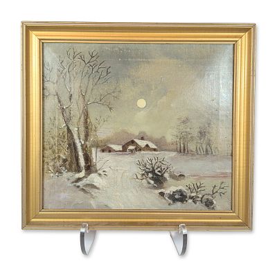 American School Moonlit Winter Landscape. American school, early 20th century. Tonalist winter 