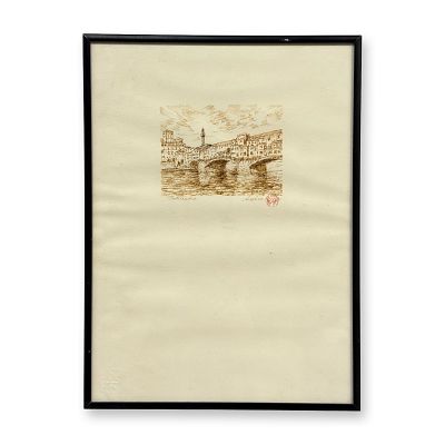 Lithograph on Paper, Ponte Vecchio, Florence, 1991, Signed Sughie. This sepia-toned lithograph 