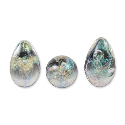 3pc Glass Eye Studio Dichroic Art Glass Paperweights. Art glass decorative sculptures featuring 