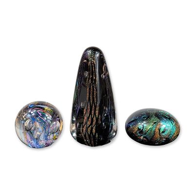 Three Glass Eye Studio Dichroic Art Glass Paperweights. Glass Eye Studio (Seattle, Washington). 