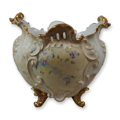 Rococo Revival Footed Porcelain Centerpiece Bowl with Gilded Accents and Floral Motif. This late 