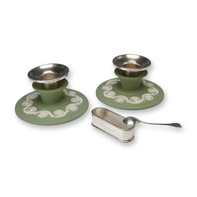A 4pc Collection of Wedgwood Jasperware Candle Holders and Sterling Silver Table Articles. This 