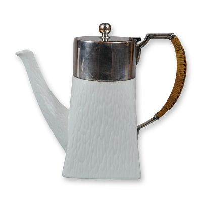 Wedgwood Ceramic Coffee Pot with Wicker Handle. This is a white ceramic coffee pot made by 