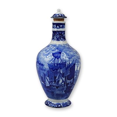 Wedgwood Ferrara Pattern Blue and White Liqueur Decanter for Humphrey Taylor and Co. A blue and 