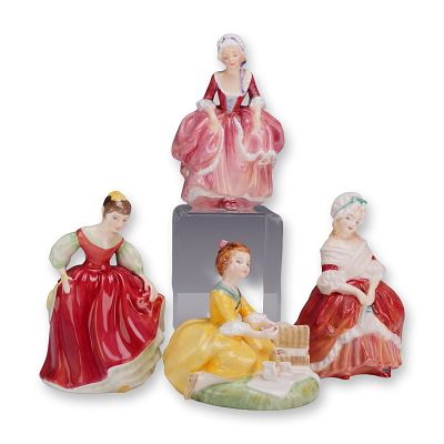 Four Royal Doulton Figurines Including Fair Maiden, Goody Two Shoes, Picnic, and Peggy. A 
