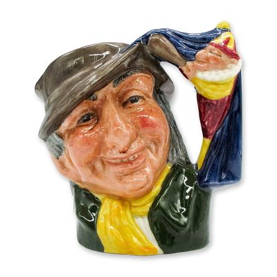 Punch and Judy Man D6593 Small Royal Doulton Character Jug. Brown hat; green coat; yellow scarf. 