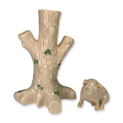 2pc Belleek Pottery Shamrock Tree Trunk Vase & Porcelain Pig Figurine. This lot consists of two 