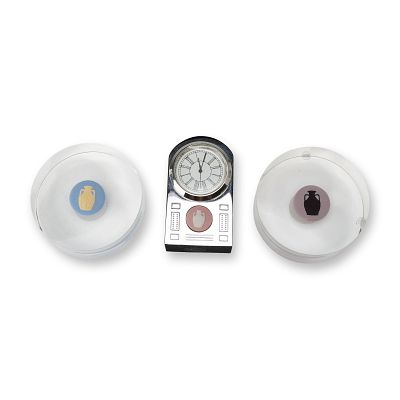 Three-Piece Wedgwood Desk Set Including Small Clock and Two Buttons Encased in Lucite. A 