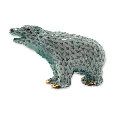 Herend Porcelain Green Fishnet Porcelain Figurine, Polar Bear. The figure is decorated in the 