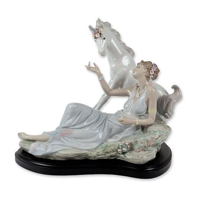 Lladro Spanish Porcelain Goddess and Unicorn Figurine. Lladro, Spain. Large glazed porcelain 