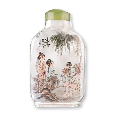 Inside Painted Glass Snuff Bottle, Maidens in Garden. A rounded rectangular glass snuff bottle 