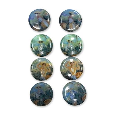 A SET OF DIVISION THREE PICTORIAL GLASS BUTTONS. 6 Large 20th C. transfers on glass from the 