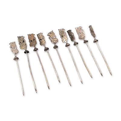 10pc Indonesian Wayang Puppet Silvered Cocktail Picks. Indonesian style set of cocktail or hors 