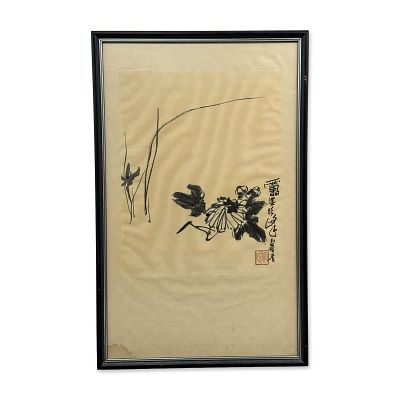 Chinese Ink Wash Painting of Chrysanthemum Attributed to Pan Tianshou. This 20th-century framed 