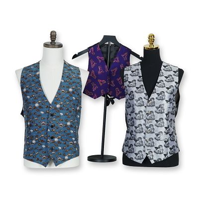 3pc Silk Patterned Vests by Nicole Miller and Tom Gilbey. A group of three patterned waistcoats 