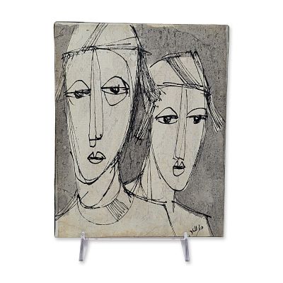 Moshe Katz American Modernist Ink on Canvas Two Faces. Moshe Katz (Romanian Israeli, 1937-2012) 