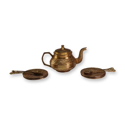 13pc Set of Embossed Brass Tea Service Items. A set of brass tea service items featuring 
