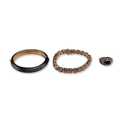 3pc Sterling Silver Enameled and Gemstone Jewelry. Boucher hinged bangle in gold-tone metal 