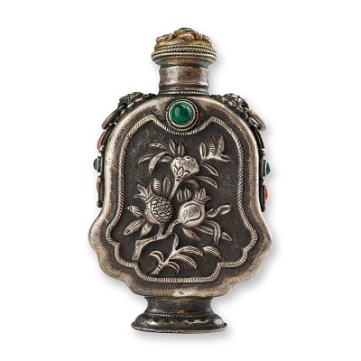 Mongolian Silver Repousse Snuff Bottle, Pomegranate, Lion Head Handles. Embellished with coral 
